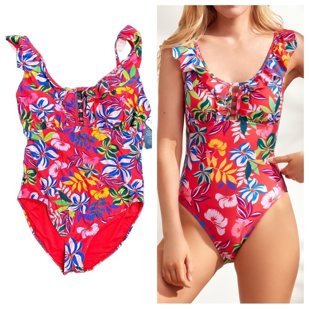 NWT Caribbean Joe Island Supply Co. Ruffle V-Neck One Piece Swimsuit, Size 14